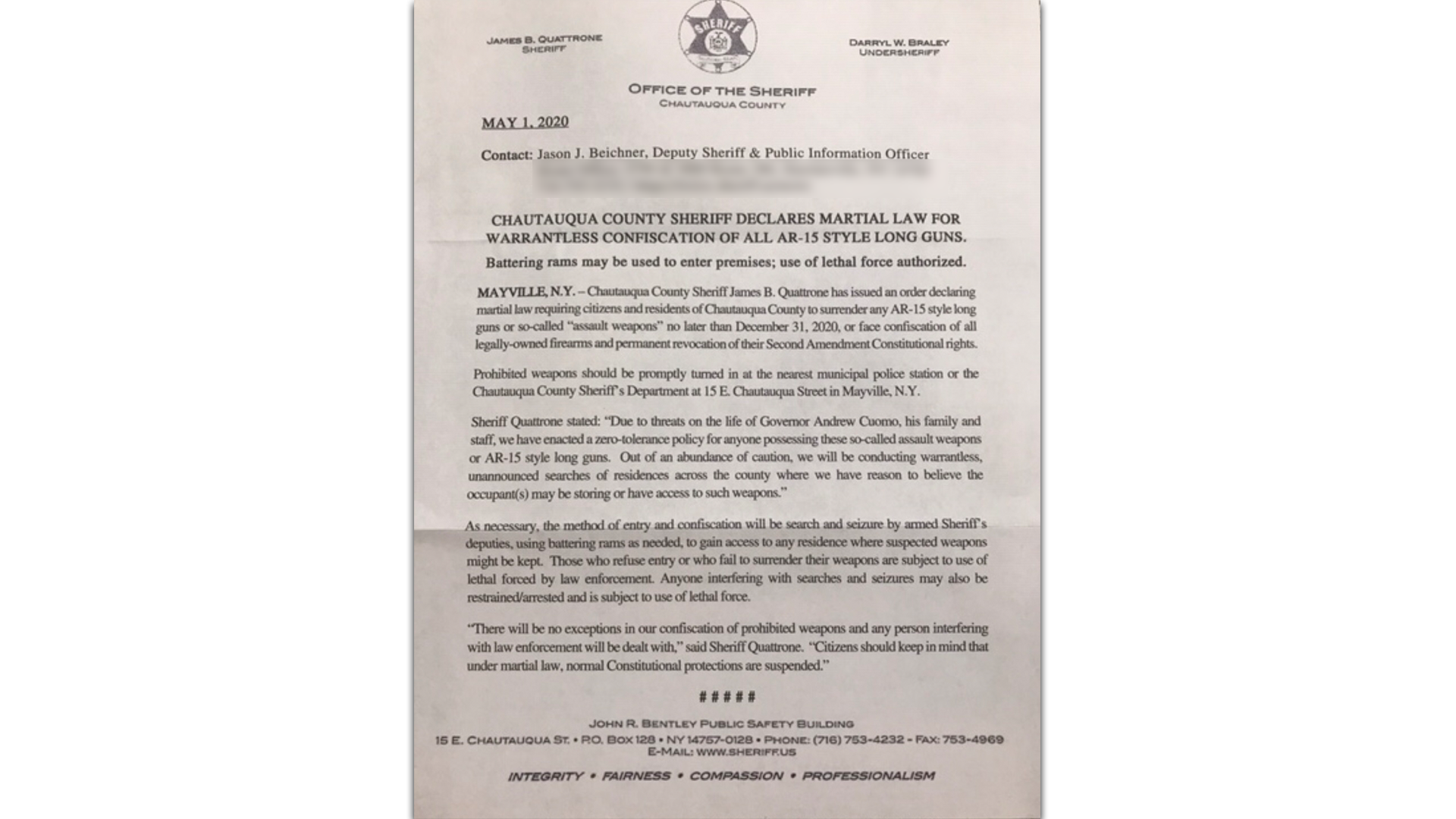 Sheriff Says Letter Declaring Martial Law Is False, Investigation Ongoing