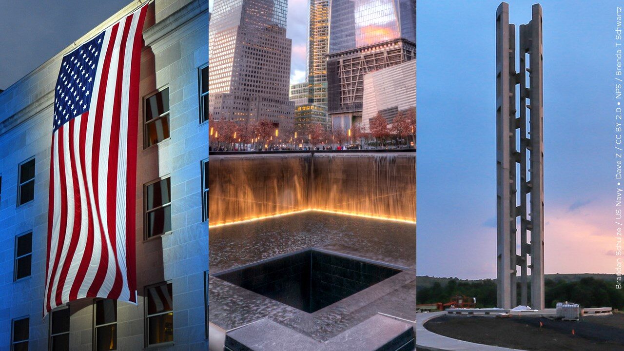 Memorial flag at the Pentagon, 911 Memorial Pool in New York and Tower of Voices Flight 93 Memorial in Pennsylvania