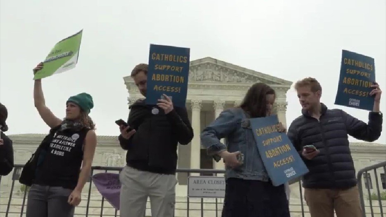 Protesters Crowd Around Supreme Court Following Release Of Draft Decision Overruling Roe V. Wade