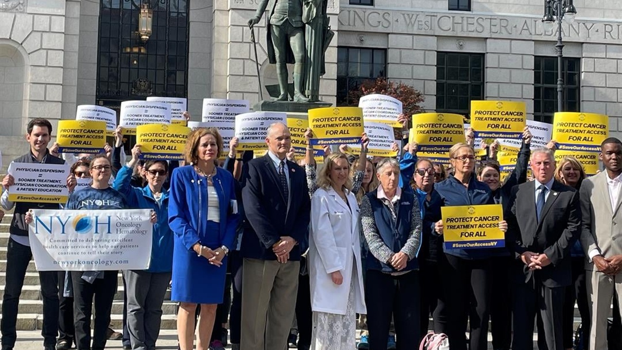 Advocates and state legislators rally outside the New York State Capital for access to cancer medications